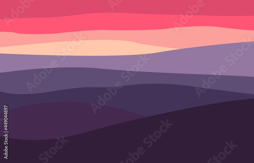 Fantasy twilight of the evening landscape, sunset in the mountains, multi color  background vector illustration .