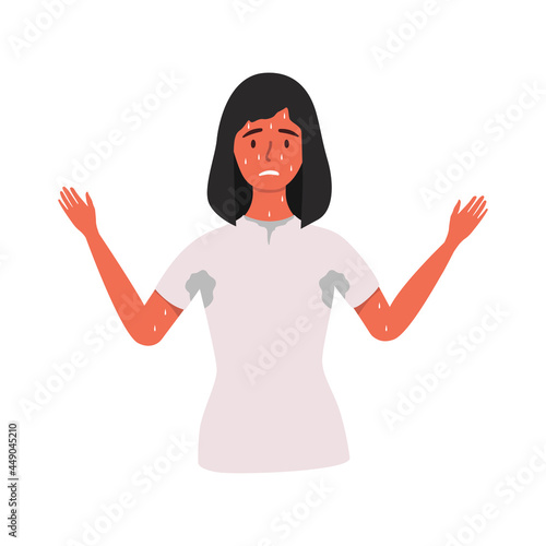 A flat vector illustration of a woman who is sweating. Excessive sweating. Isolated design on a white background.