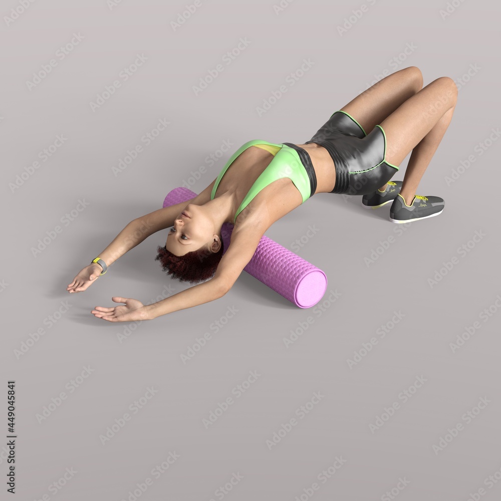 3D Rendering of an isolated sportive girl doing pilates with a foam roll