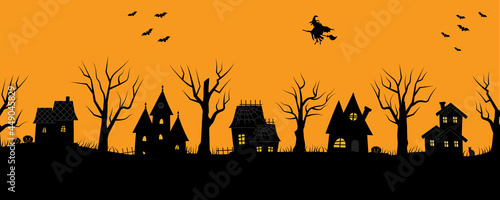 Halloween houses. Spooky village. Seamless border. Black silhouettes of houses and trees on an orange background. There are also bats, pumpkins and a witch on a broomstick in the picture. Vector