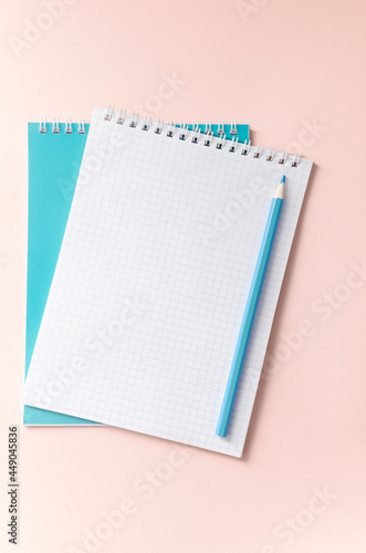 open notebook for notes with a blue pencil on a pink background top view