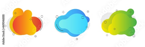 Set of isolated blue and red fluid blobs, gradient green and violet liquid spots. 