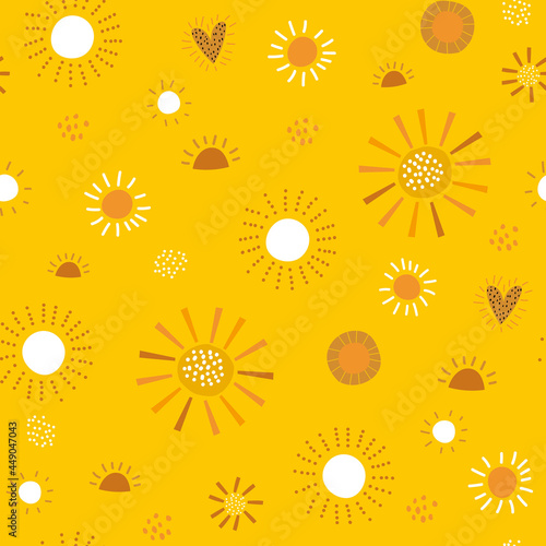 Seamless childish pattern with cute sun icons. Summer creative texture, Vector illustration