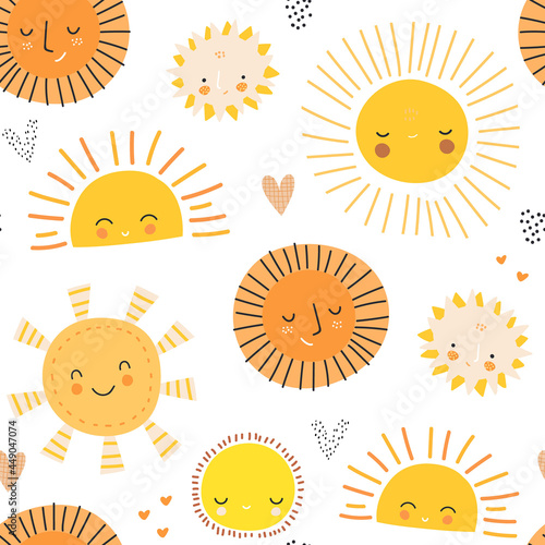 Seamless childish pattern with cute sun icons. Summer creative texture, Vector illustration