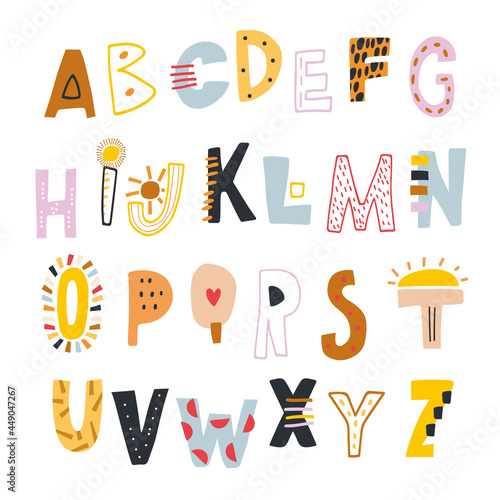 Decorative kids alphabet. Creative abc isolated. Vector illustration
