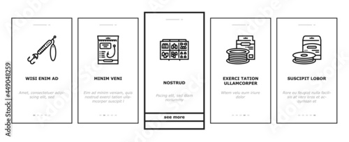 Fishing Shop Products Onboarding Mobile App Page Screen Vector. Bait Cast Reel With Monofilament Line And Spinning, Kayak Boat And Weights Fishing Accessories Illustrations