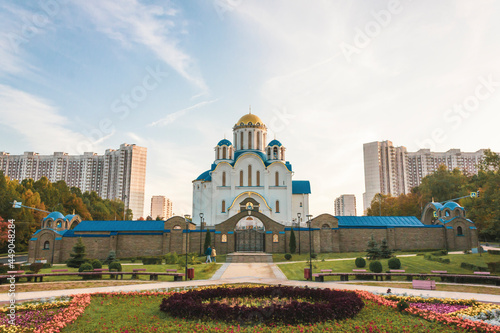 Beautiful temple in the background of a typical urban area photo