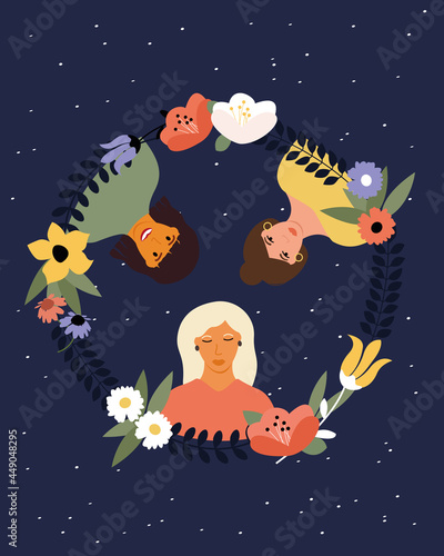 Three women of different nationalities are fighting for equality against the background of the starry sky of the universe. Women, national women's day, 8 March. Vector flat illustration