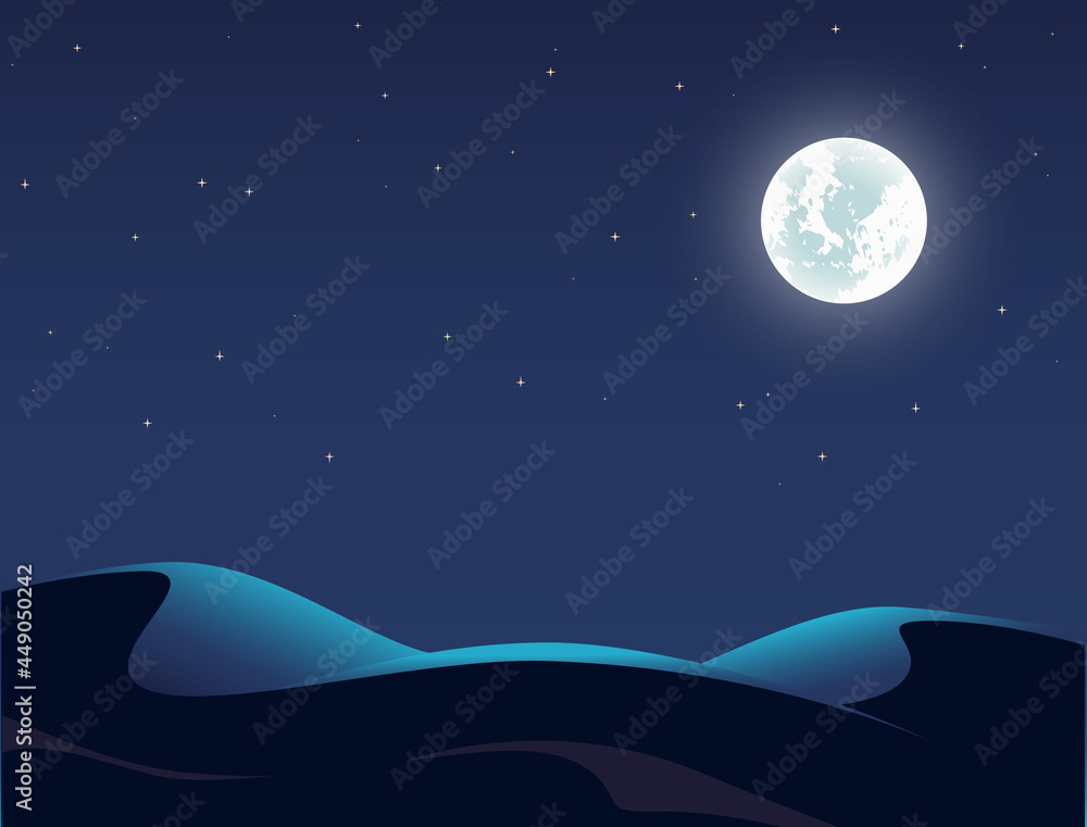 Night Desert Landscape Illustration, Starry Sky, Full Moon, Dune