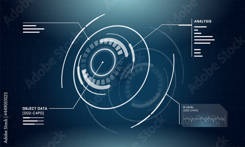 Abstract 3d futuristic technology HUD circle elements. Digital cyberpunk interface screen design. Techno infographics panel. Vector science and technology GUI UI dashboard eps illustration