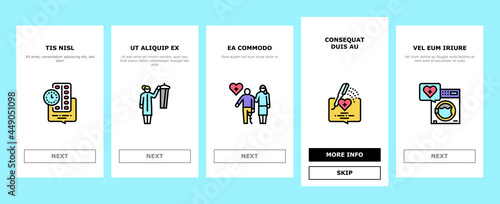 Homecare Services Onboarding Mobile App Page Screen Vector. Volunteer Personal Care Elderly And Sick People, Dressing And Helping Washing Homecare Services Illustrations