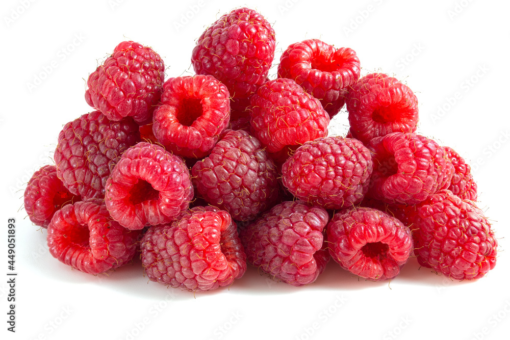 Ripe raspberry berries on a bunch isolated on white background. Ripe raspberry berries on a bunch isolated on white background.