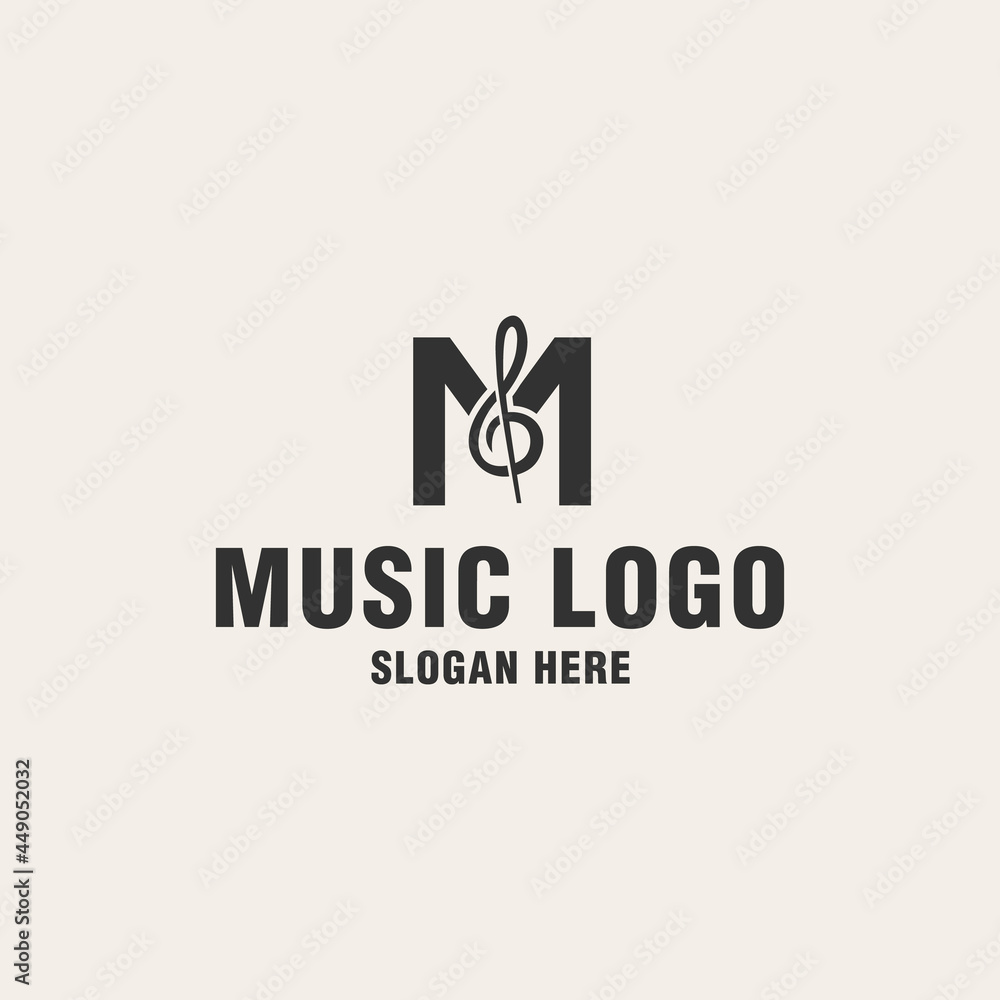 Letter M with music element logo template on monogram style Letter M with music element logo template on monogram style