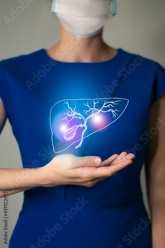 Unrecognizable woman in blue clothes holding highlighted handrawn Gall Bladder in hands. Medical illustration, template, science mockup.