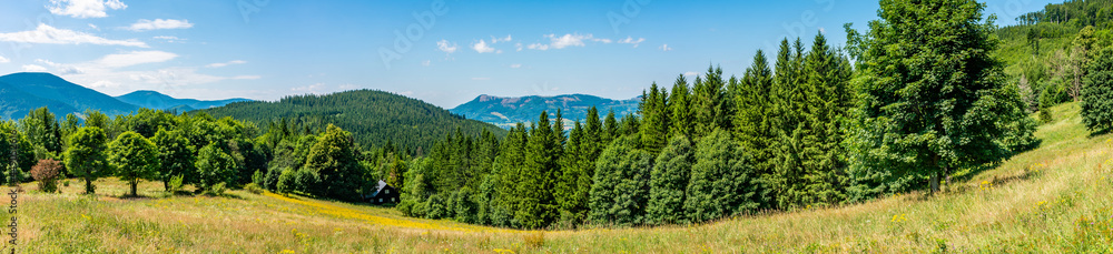 Obraz premium Panorama of Moravian-Silesian Beskids in Czech Republic, at the foot of Lysa hora (bald mountain)