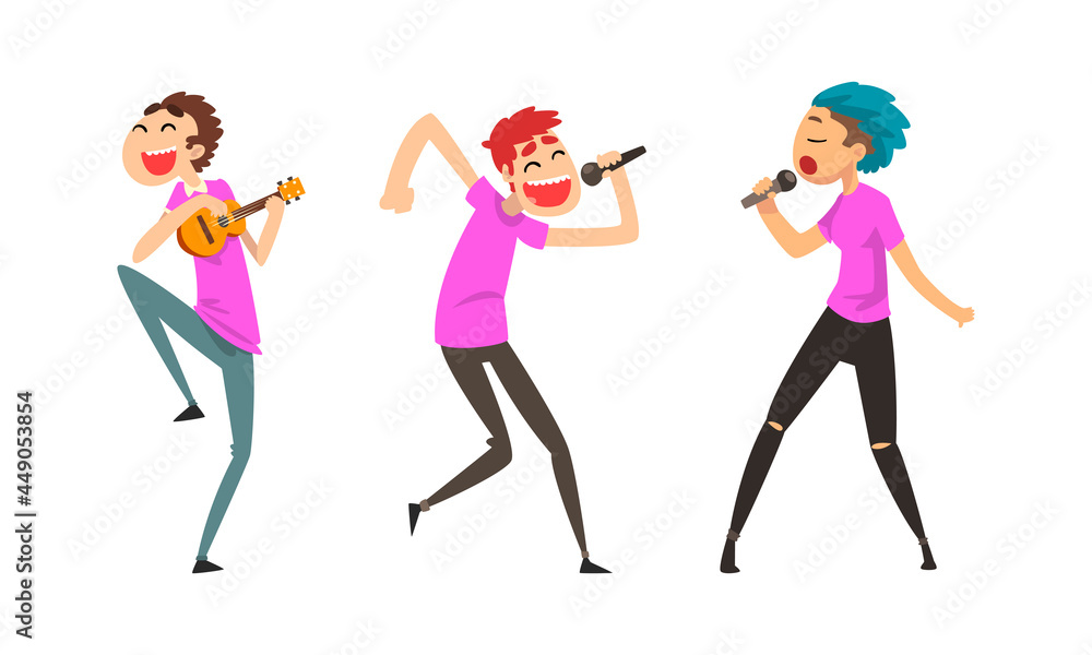 Rock and Pop Singers with Microphone Singing Performing on Stage Vector Set Rock and Pop Singers with Microphone Singing Performing on Stage Vector Set