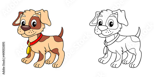 Little dog. Puppy. Black and white vector illustration for coloring book