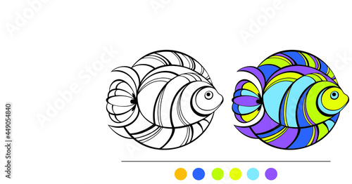 Tropical Fish coloring page. Underwater world. Abstract Anti-stress coloring for adult and children. Coloring by color. Black and white beautiful fish. Vector EPS 8