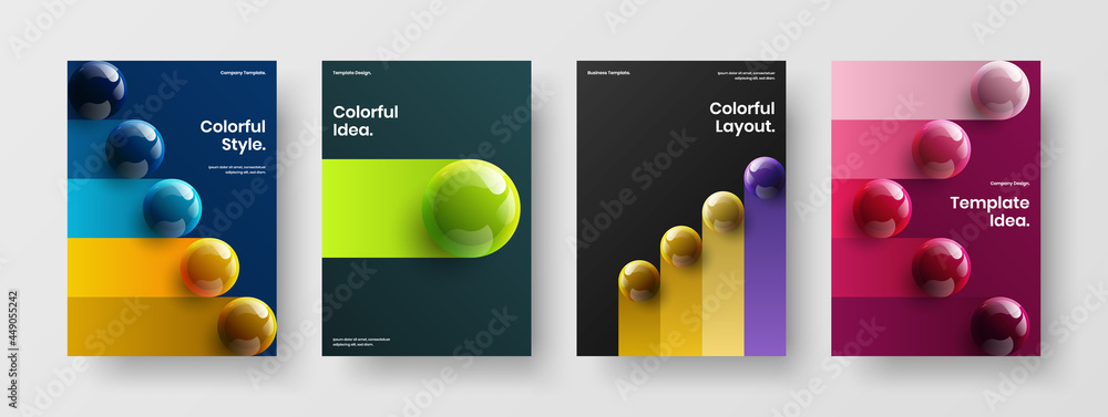 Original handbill A4 vector design concept bundle. Clean 3D balls booklet illustration set.