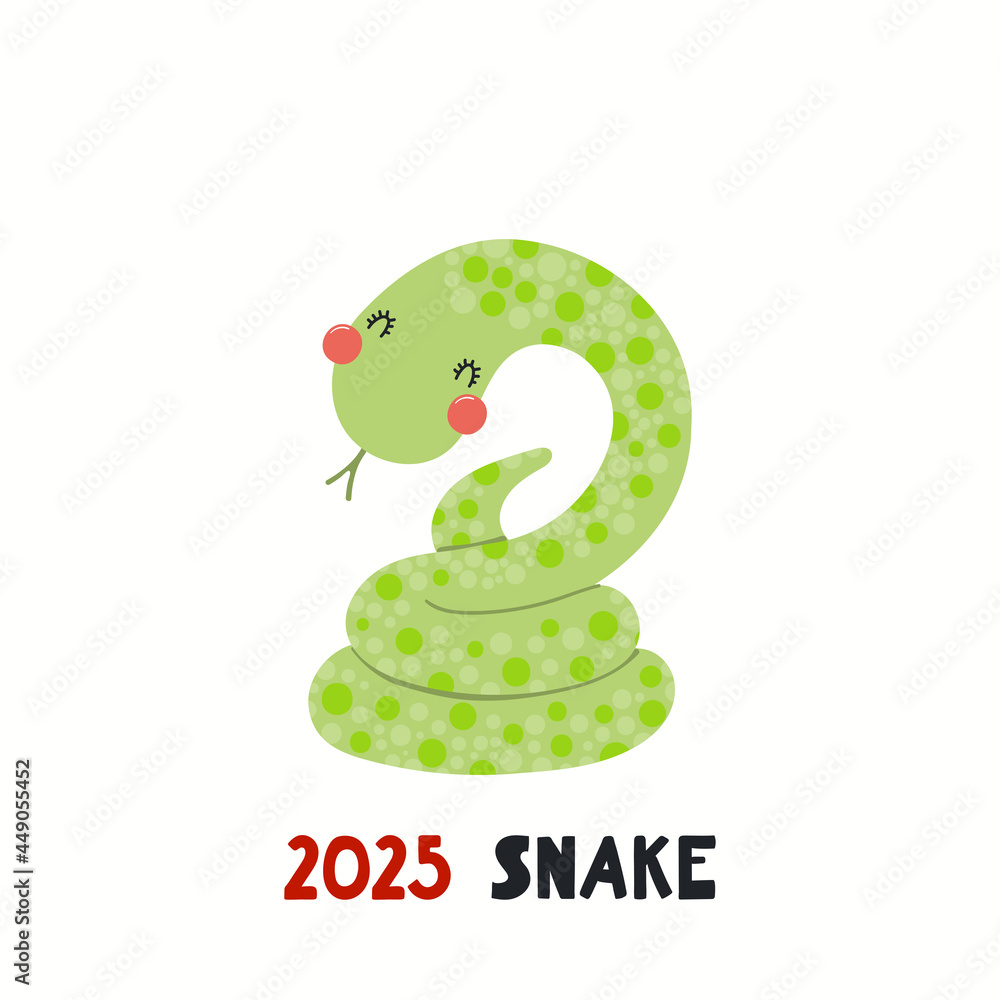 Fototapeta premium Cute cartoon snake, Asian zodiac sign, astrological symbol, isolated on white. Hand drawn vector illustration. Flat style design. 2025 Chinese New Year card, banner, poster, horoscope element.