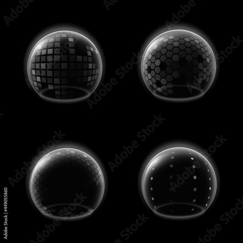 Shields bubble. Transparent futuristic glossy sphere, safety energy barrier force field, antiviral defense. Protection environment plastic dome. Vector realistic 3d isolated set