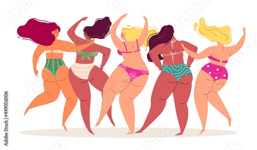 Swimsuits women. Back view body positive different bikini ladies, happy girlfriends dancing, summer beach looks, beautiful big girls. Sexy female characters vector cartoon isolated concept