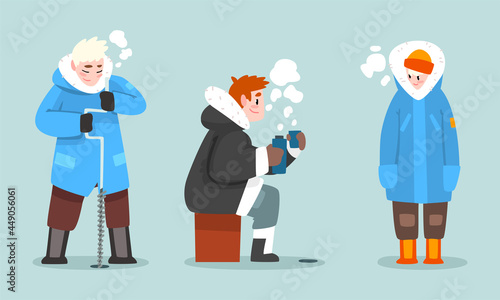 Man in Warm Winter Clothing Ice Fishing Drilling Hole in Frozen River or Lake and Drinking Hot Tea Vector Set