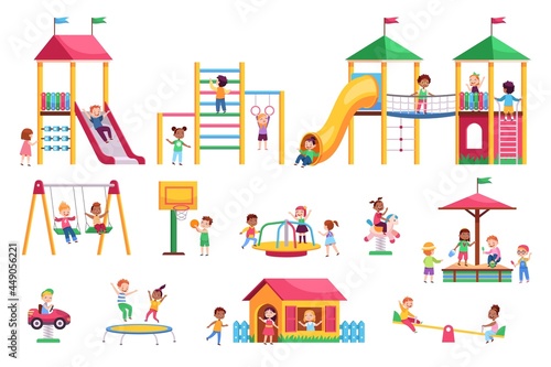 Kids playground. Children swing and slides garden, colorful bright rides, toddlers play in park, carousels and trampolines. Happy girls and boys playing outdoors vector cartoon isolated set