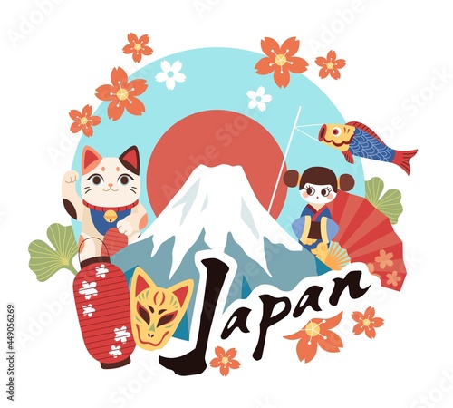 Welcome to japan. Tourist invitation banner, cultural symbols country, decorative lucky toys, daruma, maneki cat and kokeshi dolls, national elements, landmarks. Vector cartoon poster