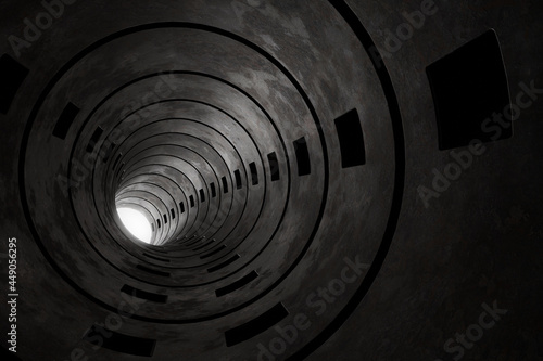 Abstrakter Untergrund Tunnel mit hellem Licht am Ende. 3D Rendering