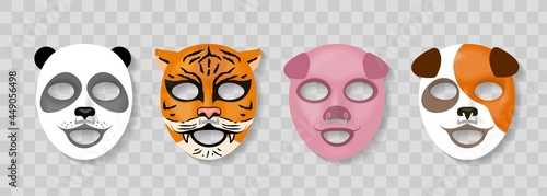 Cosmetic animal face mask. Skin caring cotton masks with funny animal faces design, panda and tiger, pig and dog. Realistic collagen girls beauty products, wildlife decor vector isolated set