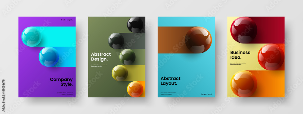 Isolated magazine cover vector design illustration collection. Geometric 3D balls corporate identity template composition.