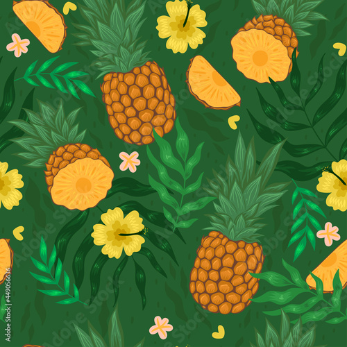Seamless pattern with pineapples, flowers and leaves. Vector graphics.