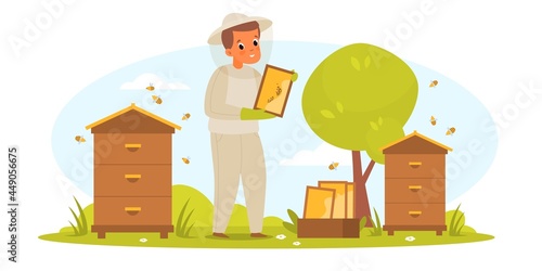 Beekeeper apiarist. Farmer man in protective clothing collects honey in apiary, hives with bees, healthy sweets, special equipment. Organic bio food vector flat cartoon isolated concept