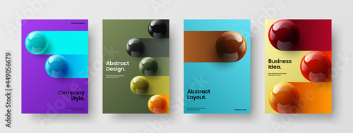 Isolated magazine cover vector design illustration collection. Geometric 3D balls corporate identity template composition.