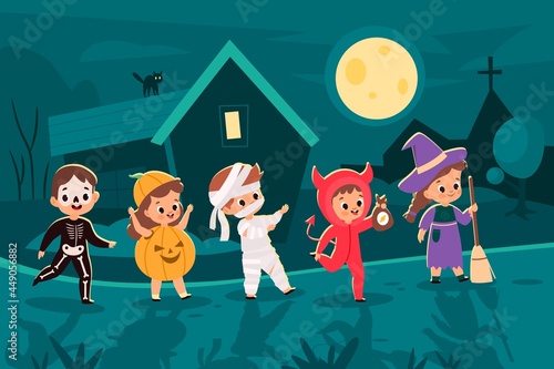 Halloween city. Trick-or-treaters costumed kids walking at night, holiday candy hunt, scary little monsters children outfits. Skeleton and pumpkin, mummy devil and witch vector cartoon concept