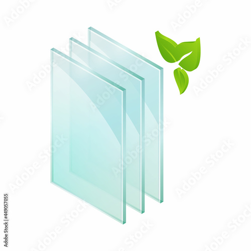 Vector illustration sheets of window glass isolated on transparent background. Realistic glass sheets icon. Cross-section diagram of a eco double glazed window pane. Recycling.
