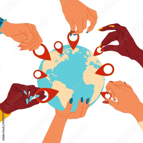 Choice location in your hands. People marking whereabouts icons on map. Arms of multiracial persons holding planet and pinning red signs. Choose place for traveling. Vector concept