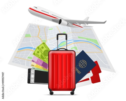Tourism. Travel banner. Suitcase, map and plane. foreign passport, ticket and cash, journey and holiday trip poster, flight around world. Realistic elements vector isolated on white concept