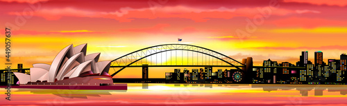 Sydney Australia cityscape. Australian city of Sydney. Opera building. Bridge over the bay. Sun, sky with clouds. Sunset