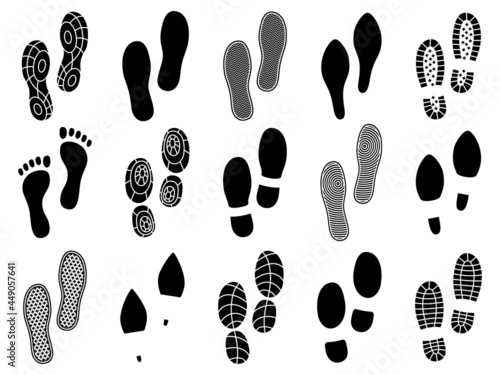 Shoe footprints. Soles prints marks, barefoot, boots and sports sneakers, human traces impression, men and women shoes black stamps. People steps texture. Vector isolated silhouettes set