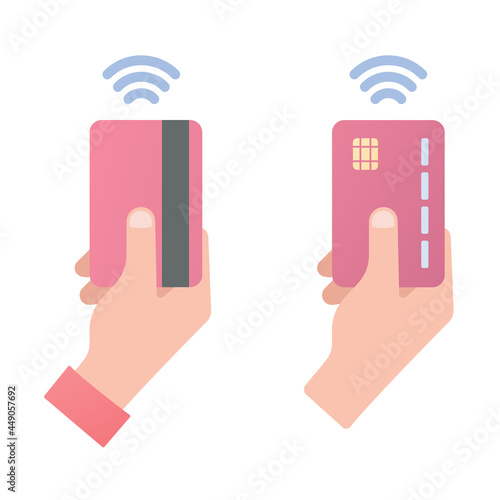 Human hand holding a credit card. Colored vector flat illustration. Isolated on white background.