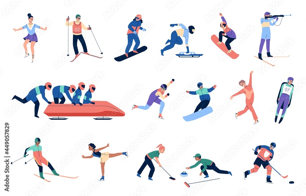 Winter sports people. Professional athletes, women and men in specialized suits, sports equipment, skeleton, skiing, snowboard. Figure skating, bobsleigh and hockey, vector cartoon isolated set