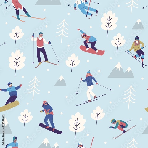 Seamless pattern winter sports. Snowboarders and skiers people, snowy mountains and trees, professional athletes track background. Decor textile, wrapping paper wallpaper. Vector print or fabric