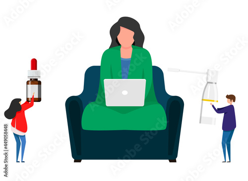 Sick woman with sore throat sitting on a chair inside the house. Seasonal health problem, infection, virus. A sick girl sits at home and works at a computer, wrapped in a blanket.