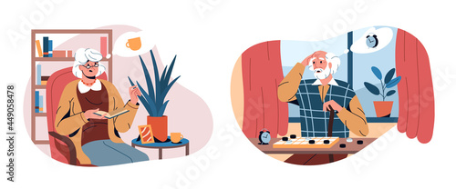 Flat older woman and pension man suffer from alzheimer disease, dementia or forgetfulness. Elderlies in home interior with brain problems, mental illness, health disorder or loss of short-term memory.