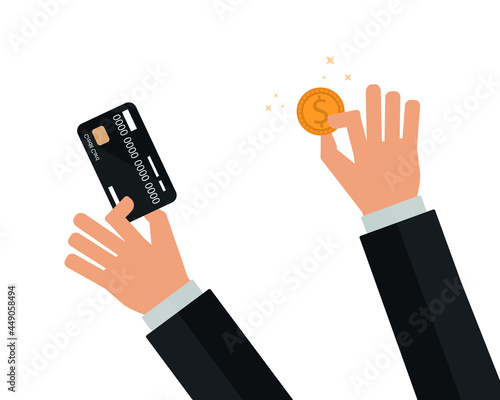 Businessman holding credit card and money. Financial transactions, investments and money concept.