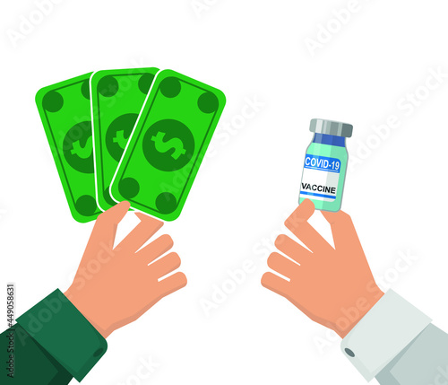 Money and vaccine ampoule in hand. Vector illustration flat design. Isolated on white background.