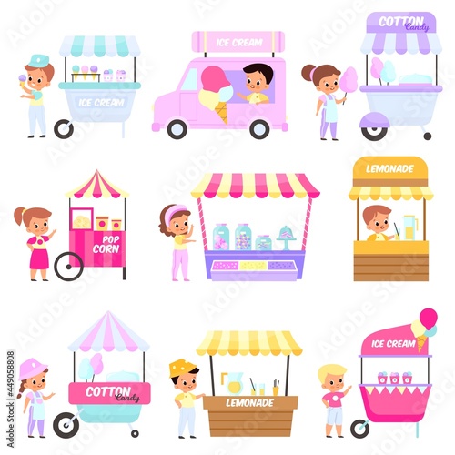Street market. Happy children sell sweets from trays. Festival food. Young sellers near their stalls. Lemonade or cotton candy sales booths and ice cream vans. Vector fair stores set