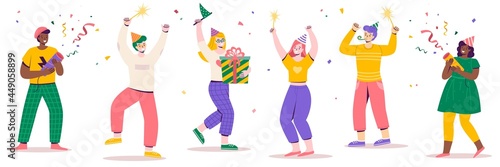 Birthday party people. Holiday attributes, gift and confetti, guys and girls celebrate anniversary, friends have fun. Men and women dancing, funny characters group. Vector cartoon set